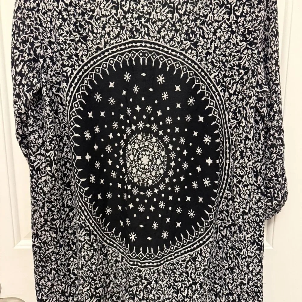 MNG Collection Black White Boho Kimono Cardigan‎ Fringe Hem XS